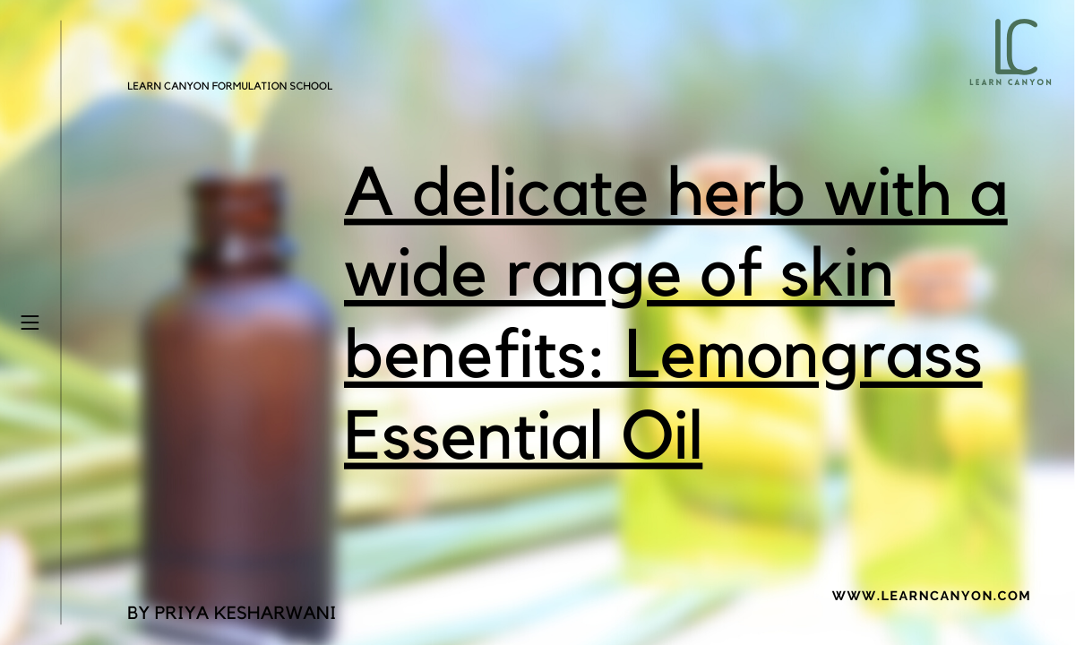 lemongrass essential oil in the bottle, with fresh lemongrass leaves, on  the wooden table Stock Photo