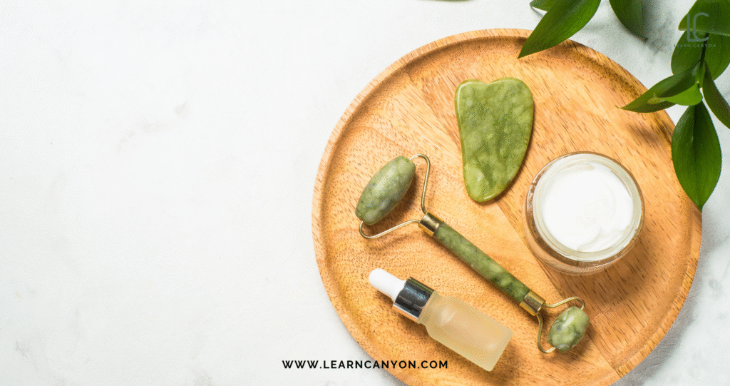 Organic skincare products on wooden plate