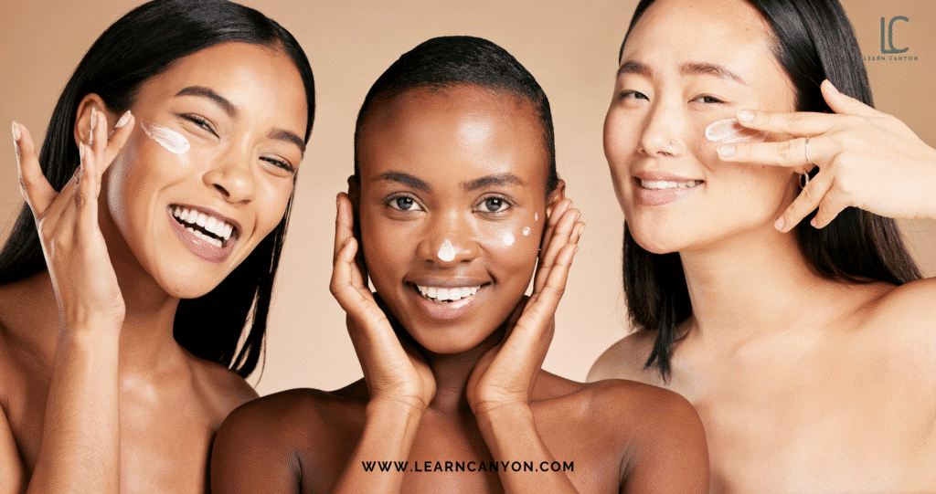 Image shows different skin tones and types and different skincare product for each skin