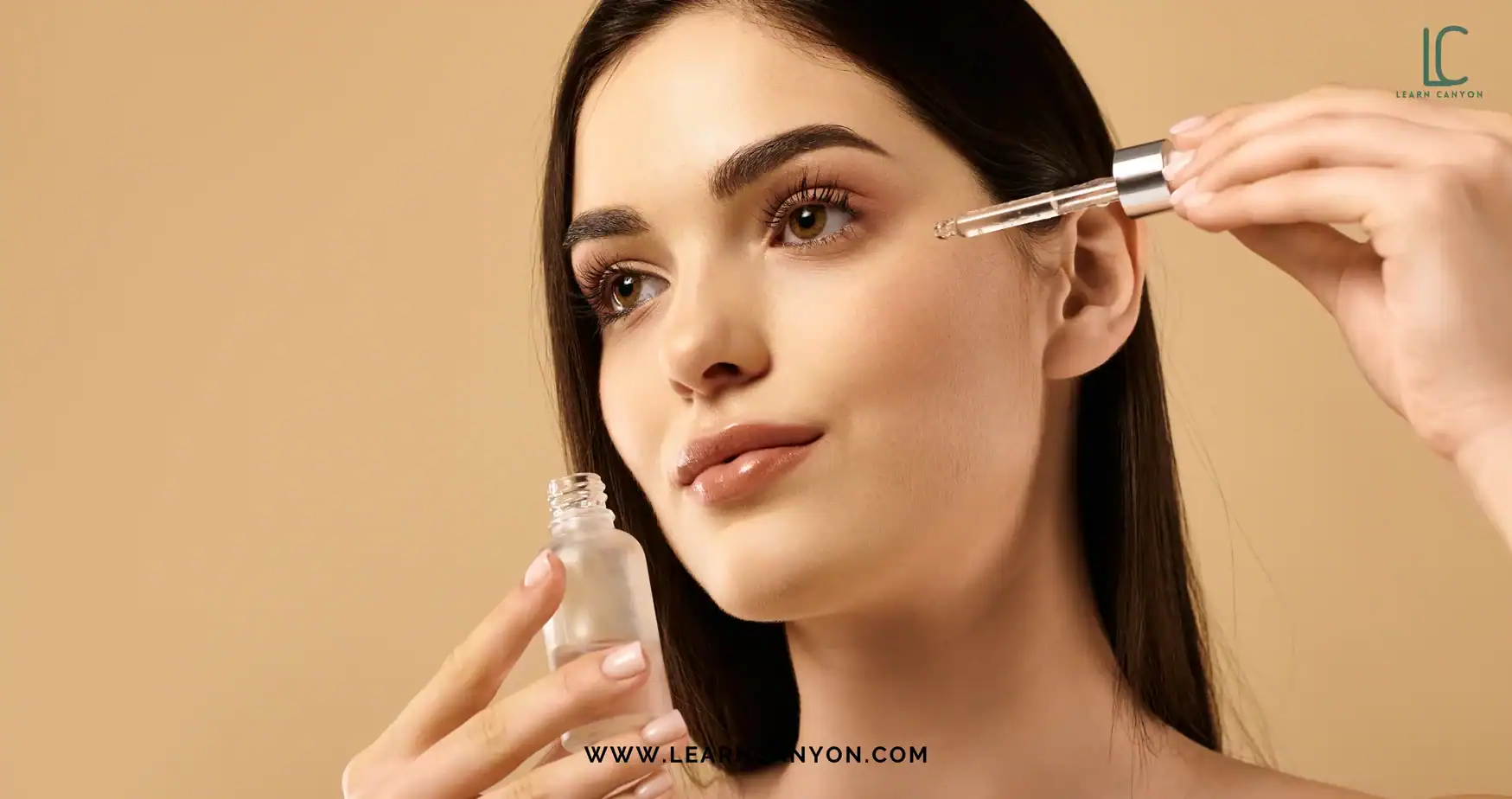 Woman applying organic vitamin C glow serum using a glass dropper