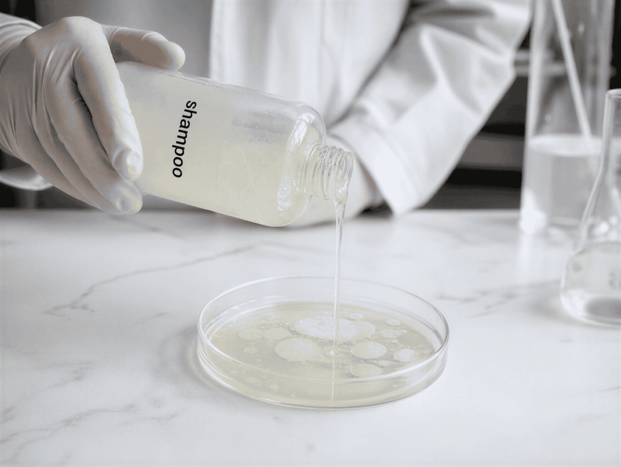 Professional formulator in a clean lab coat working with beakers, botanicals and a digital scale