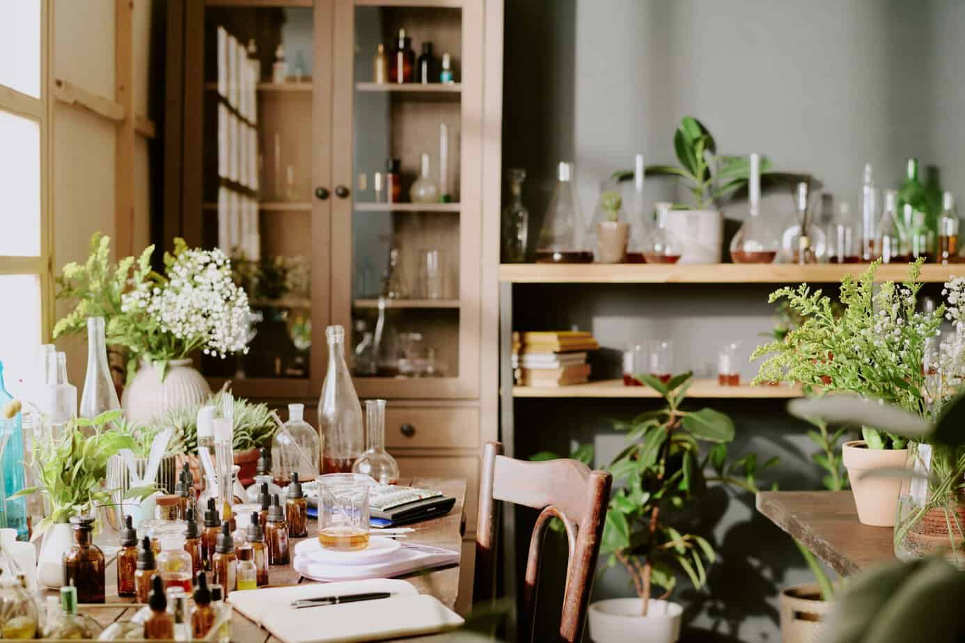 Essential oils, massage oils and botanical materials in amber bottles